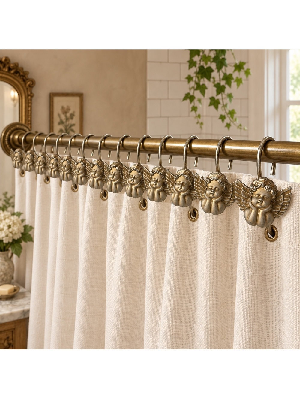 Vintage Cherub Shower Curtain Hooks Set of 12 Gold Angel Bathroom Decor
